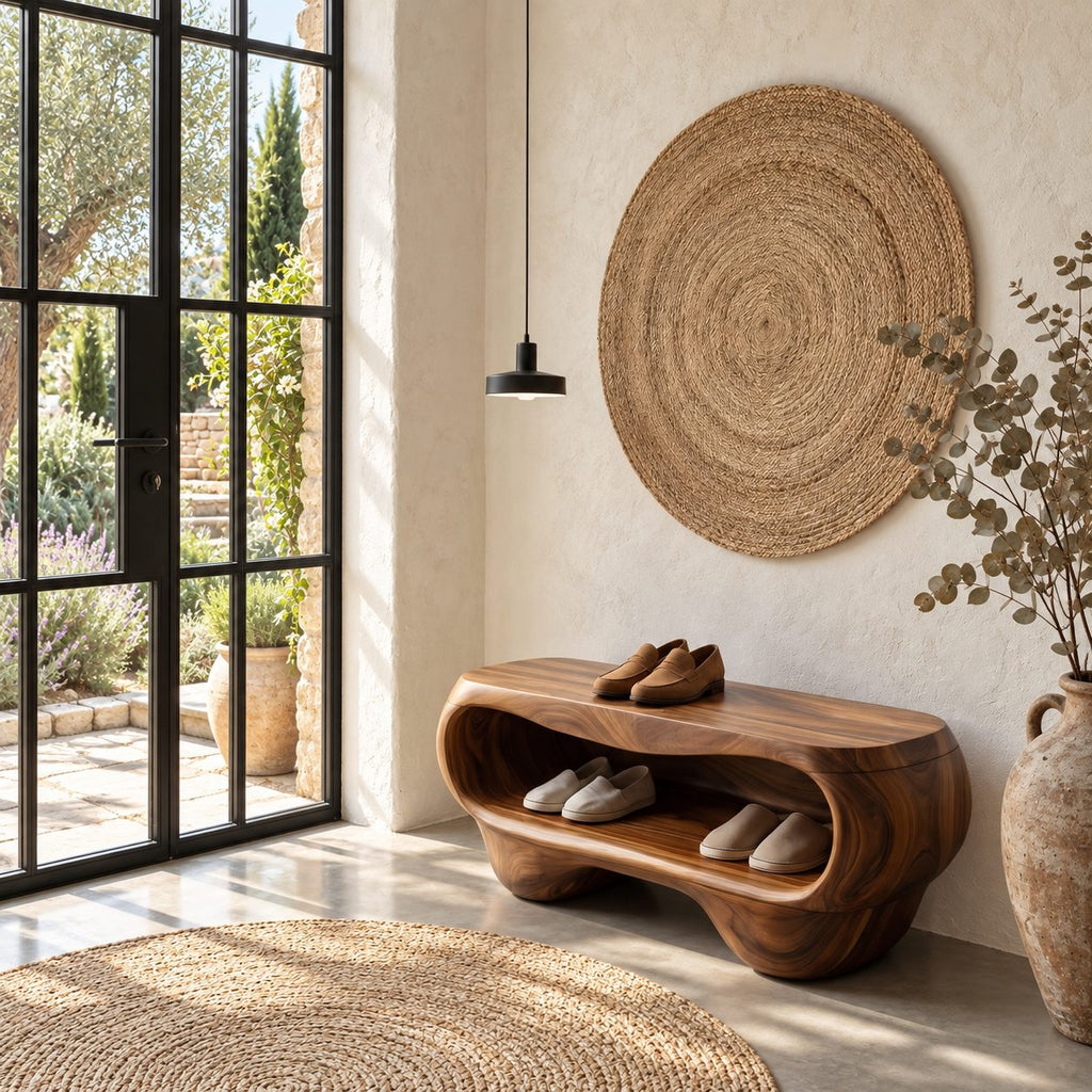 Pebble Form Sculpted Shoe Bench, Organic Solid Wood Entryway Bench with Rounded Open Shoe Cavity