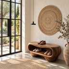 Pebble Form Sculpted Shoe Bench, Organic Solid Wood Entryway Bench with Rounded Open Shoe Cavity