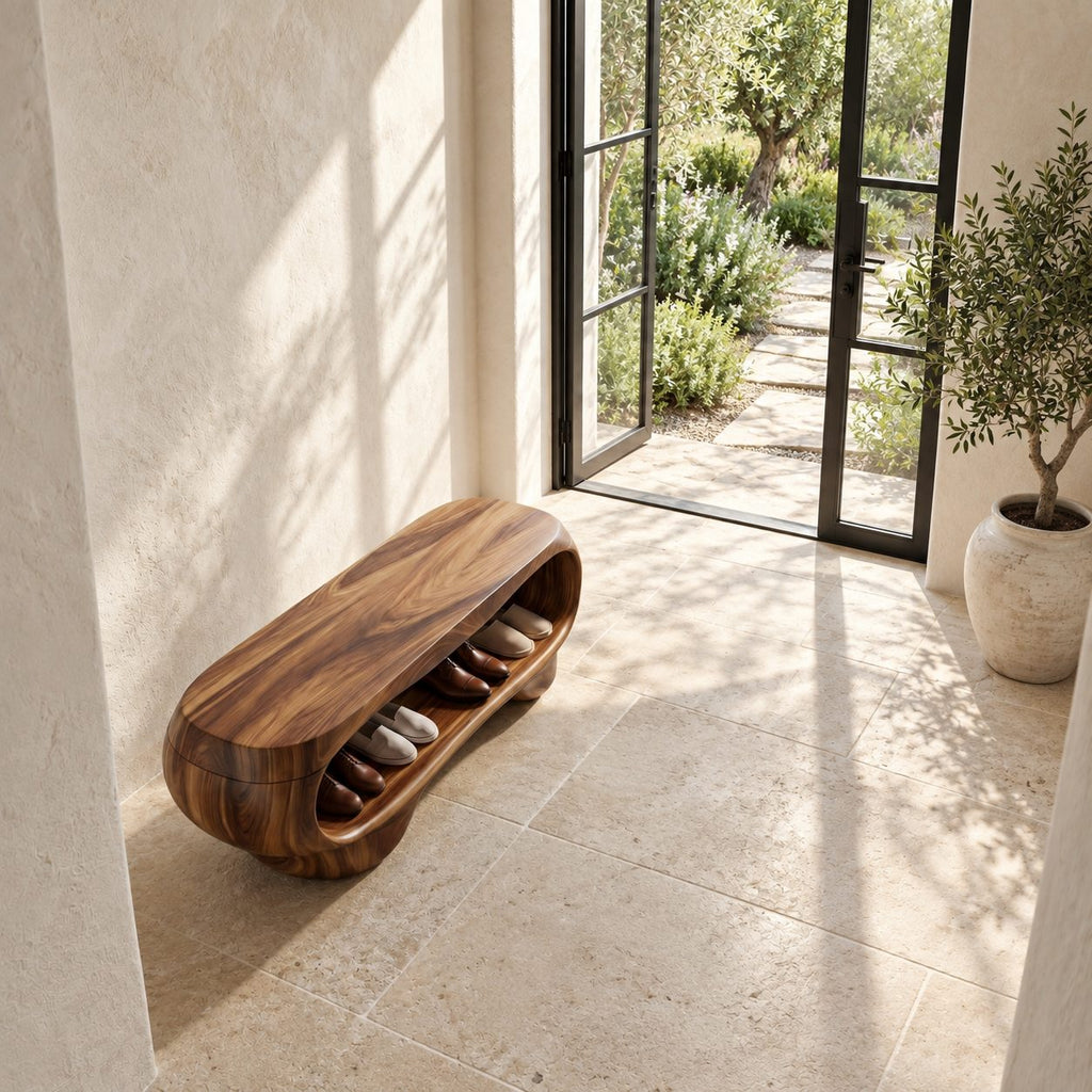Pebble Form Sculpted Shoe Bench, Organic Solid Wood Entryway Bench with Rounded Open Shoe Cavity