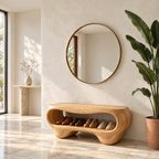 Pebble Form Sculpted Shoe Bench, Organic Solid Wood Entryway Bench with Rounded Open Shoe Cavity