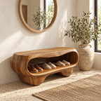 Pebble Form Sculpted Shoe Bench, Organic Solid Wood Entryway Bench with Rounded Open Shoe Cavity