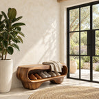 Pebble Form Sculpted Shoe Bench, Organic Solid Wood Entryway Bench with Rounded Open Shoe Cavity