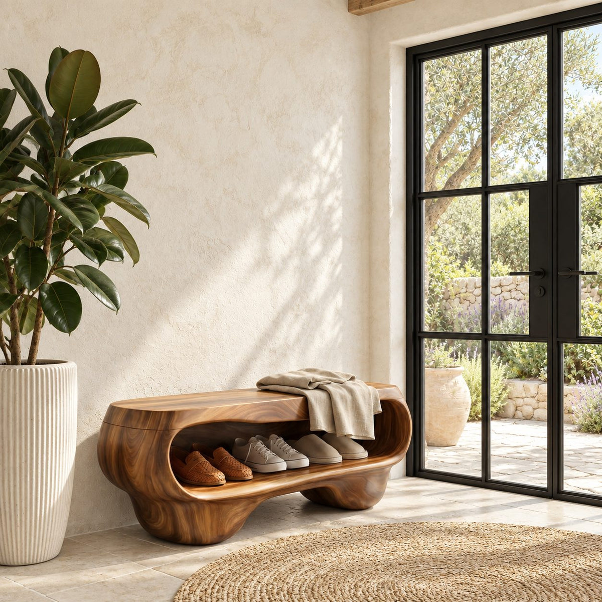 Pebble Form Sculpted Shoe Bench, Organic Solid Wood Entryway Bench with Rounded Open Shoe Cavity