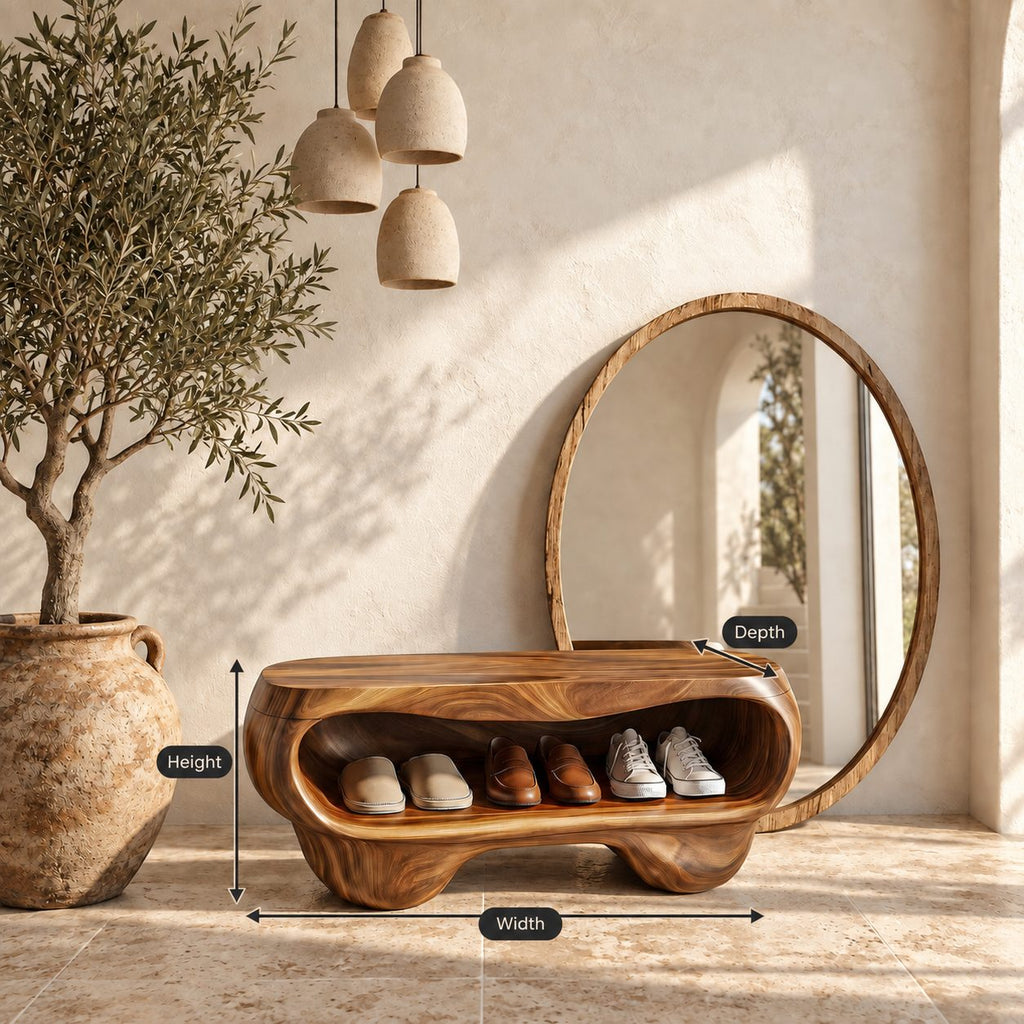 Pebble Form Sculpted Shoe Bench, Organic Solid Wood Entryway Bench with Rounded Open Shoe Cavity
