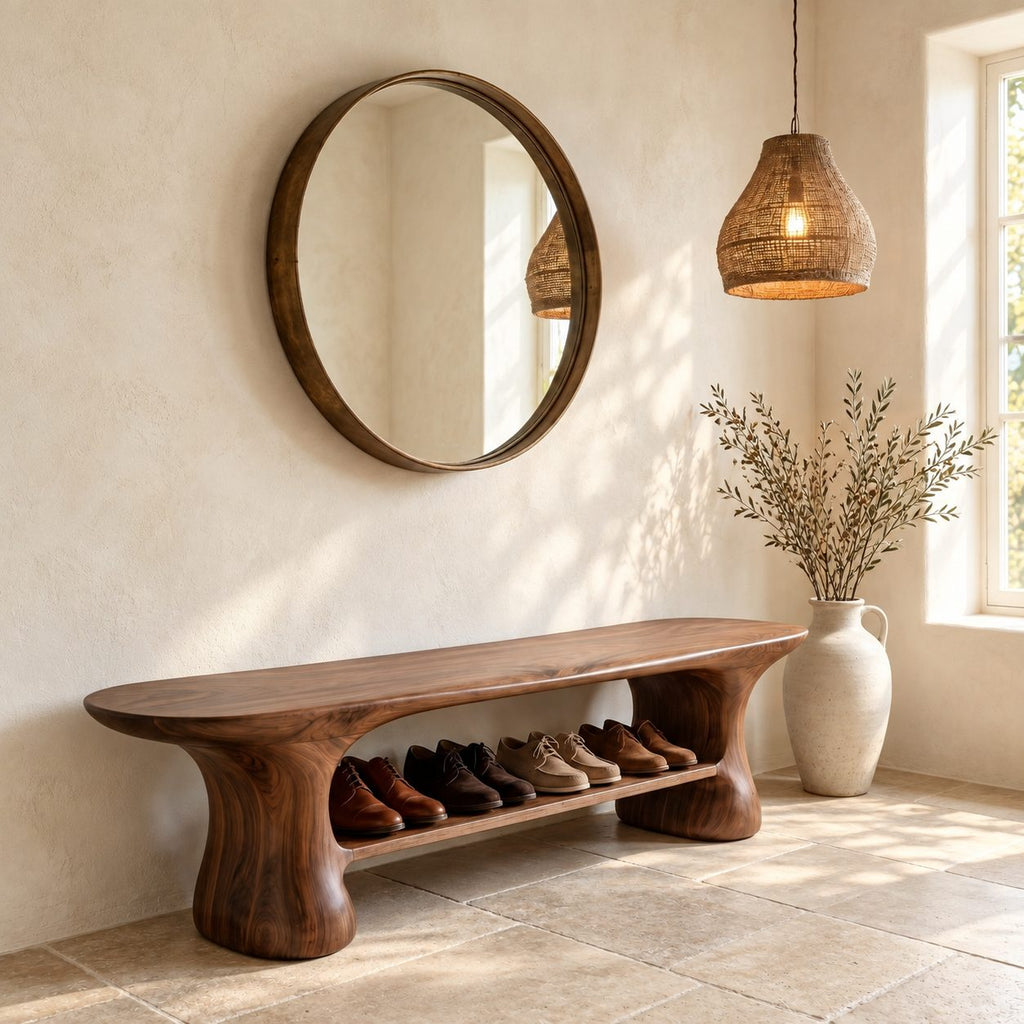 Hourglass Leg Shoe Bench, Organic Rounded Solid Wood Entryway Bench with Long Lower Shoe Shelf