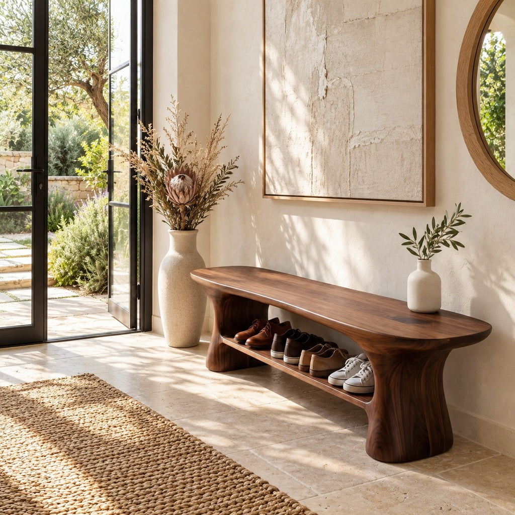 Hourglass Leg Shoe Bench, Organic Rounded Solid Wood Entryway Bench with Long Lower Shoe Shelf