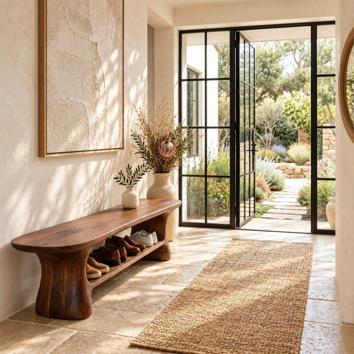 Hourglass Leg Shoe Bench, Organic Rounded Solid Wood Entryway Bench with Long Lower Shoe Shelf