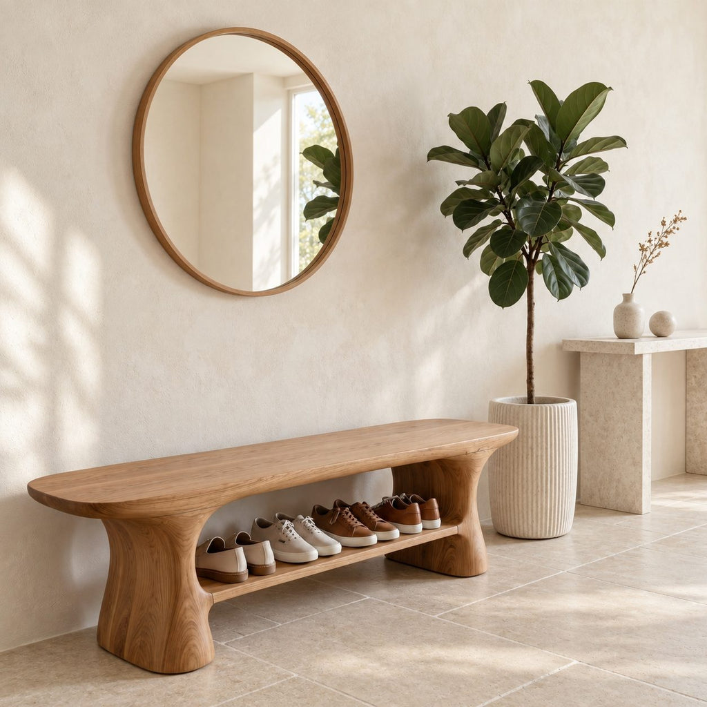 Hourglass Leg Shoe Bench, Organic Rounded Solid Wood Entryway Bench with Long Lower Shoe Shelf