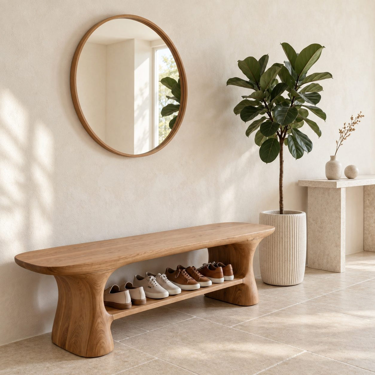 Hourglass Leg Shoe Bench, Organic Rounded Solid Wood Entryway Bench with Long Lower Shoe Shelf