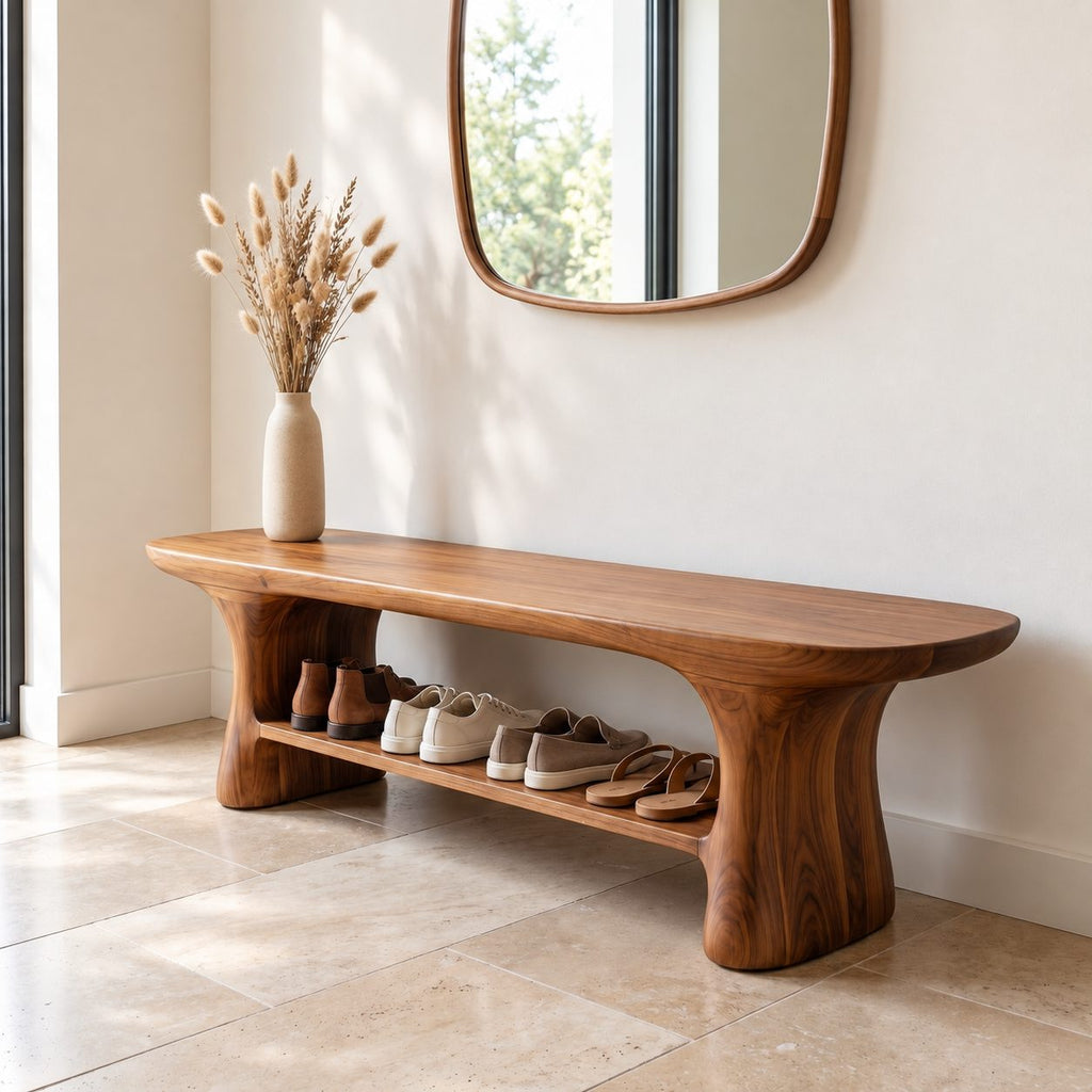 Hourglass Leg Shoe Bench, Organic Rounded Solid Wood Entryway Bench with Long Lower Shoe Shelf