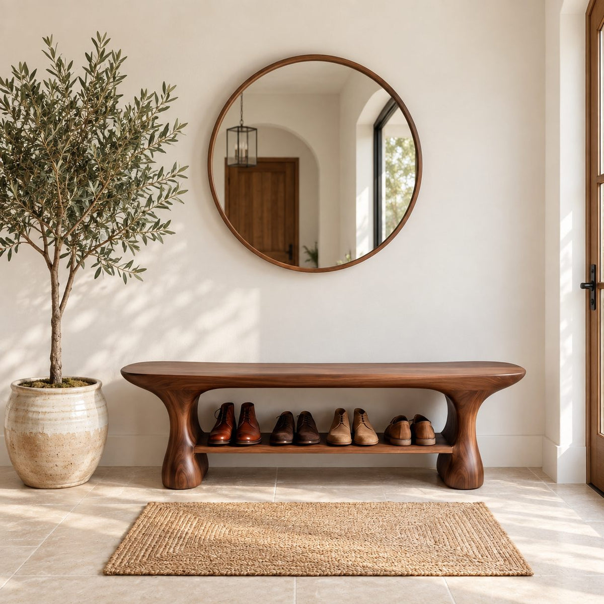 Hourglass Leg Shoe Bench, Organic Rounded Solid Wood Entryway Bench with Long Lower Shoe Shelf