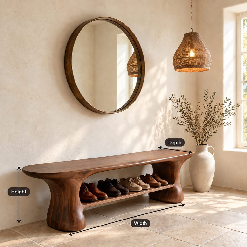 Hourglass Leg Shoe Bench, Organic Rounded Solid Wood Entryway Bench with Long Lower Shoe Shelf