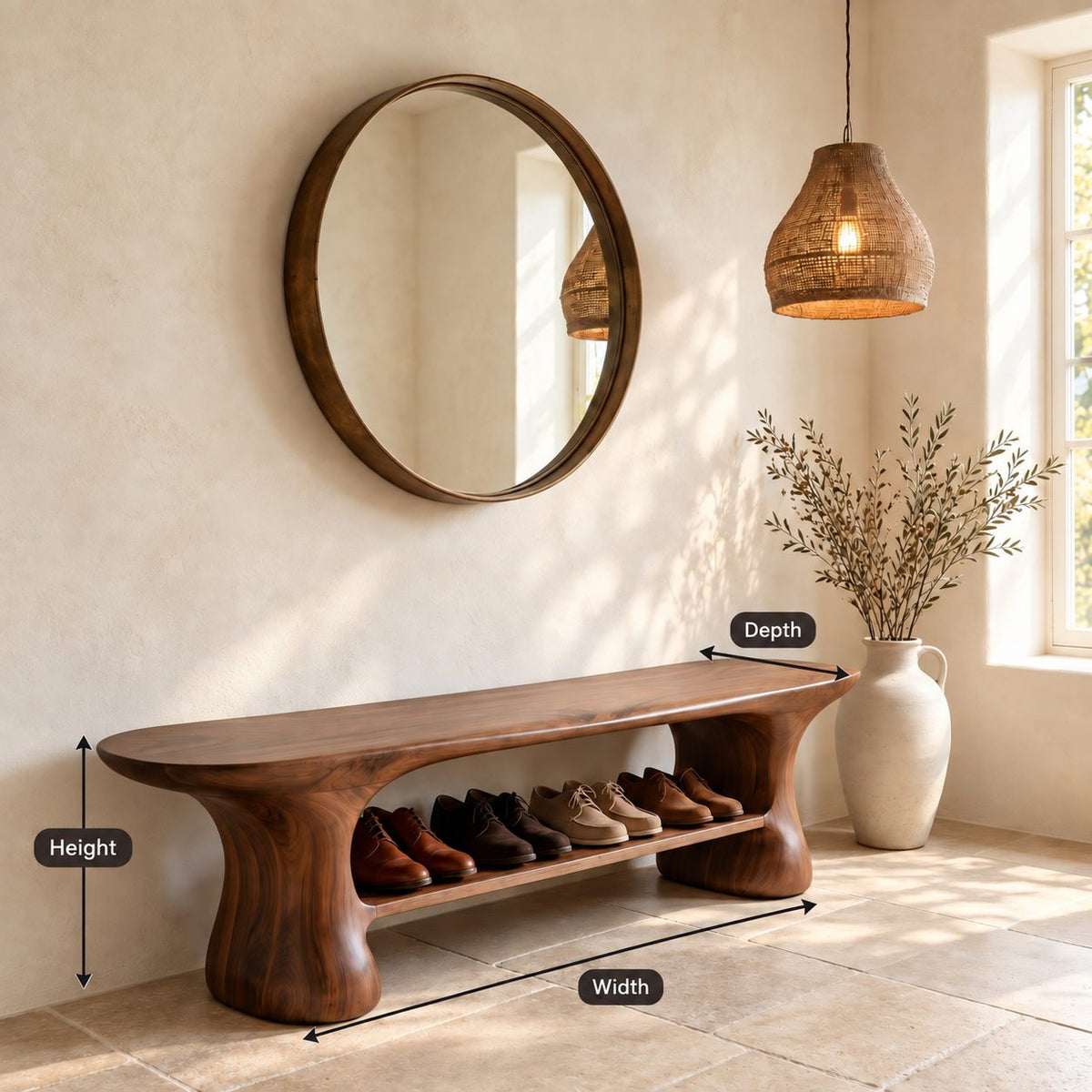 Hourglass Leg Shoe Bench, Organic Rounded Solid Wood Entryway Bench with Long Lower Shoe Shelf