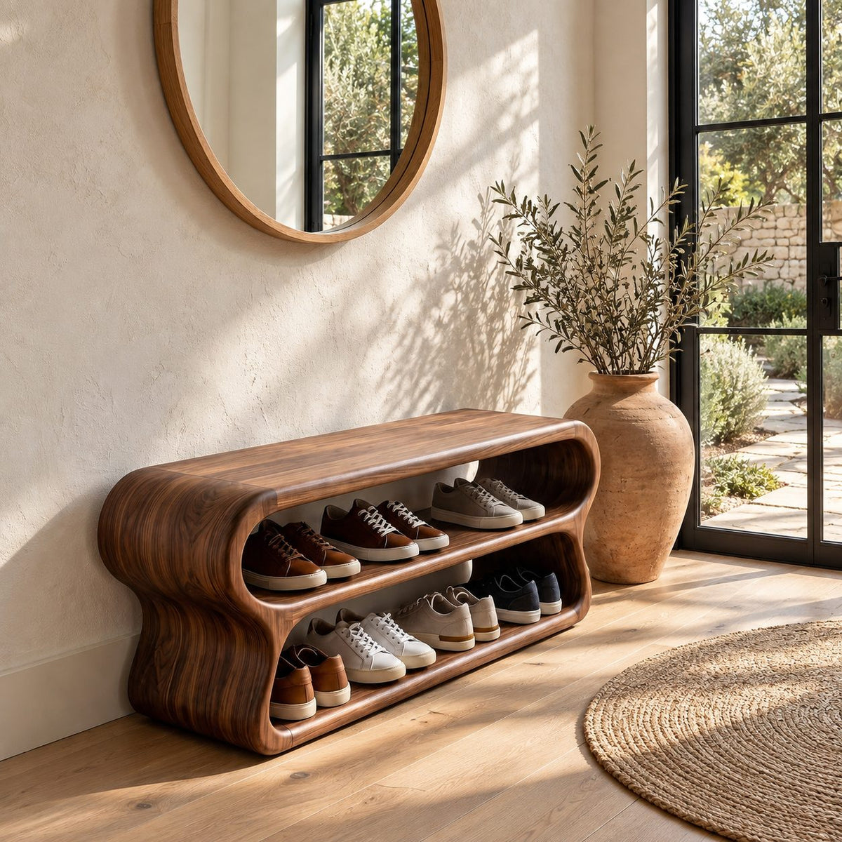 Double Loop Two Tier Shoe Bench, Curved Solid Wood Entryway Bench with Two Rounded Shoe Shelves