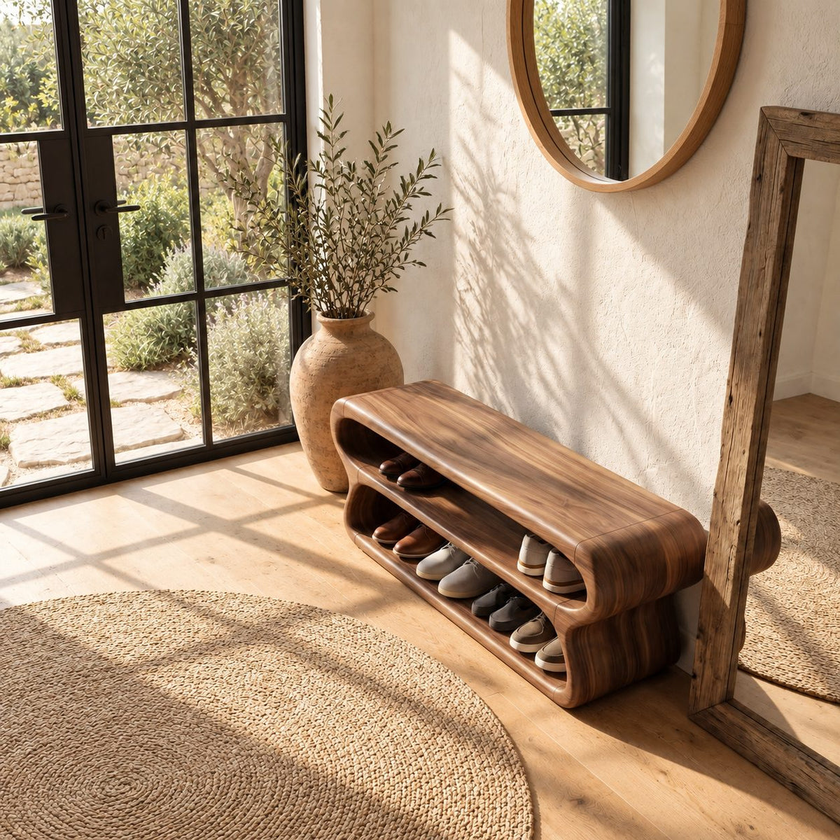 Double Loop Two Tier Shoe Bench, Curved Solid Wood Entryway Bench with Two Rounded Shoe Shelves