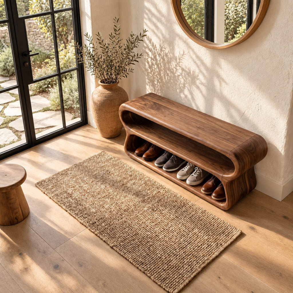 Double Loop Two Tier Shoe Bench, Curved Solid Wood Entryway Bench with Two Rounded Shoe Shelves