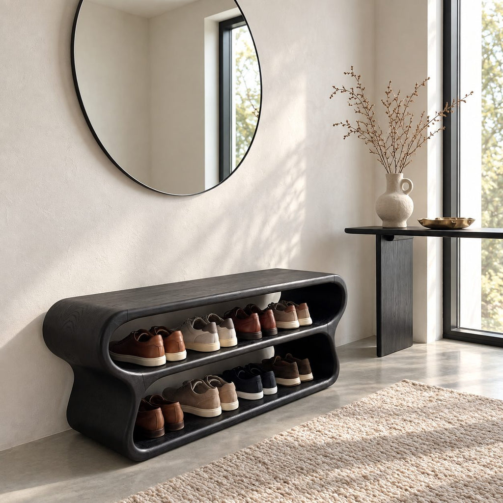 Double Loop Two Tier Shoe Bench, Curved Solid Wood Entryway Bench with Two Rounded Shoe Shelves