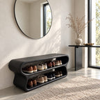 Double Loop Two Tier Shoe Bench, Curved Solid Wood Entryway Bench with Two Rounded Shoe Shelves