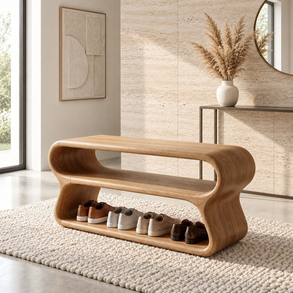 Double Loop Two Tier Shoe Bench, Curved Solid Wood Entryway Bench with Two Rounded Shoe Shelves