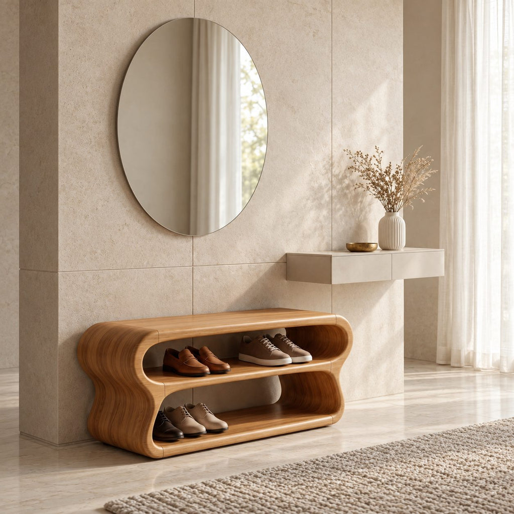 Double Loop Two Tier Shoe Bench, Curved Solid Wood Entryway Bench with Two Rounded Shoe Shelves