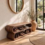 Double Loop Two Tier Shoe Bench, Curved Solid Wood Entryway Bench with Two Rounded Shoe Shelves