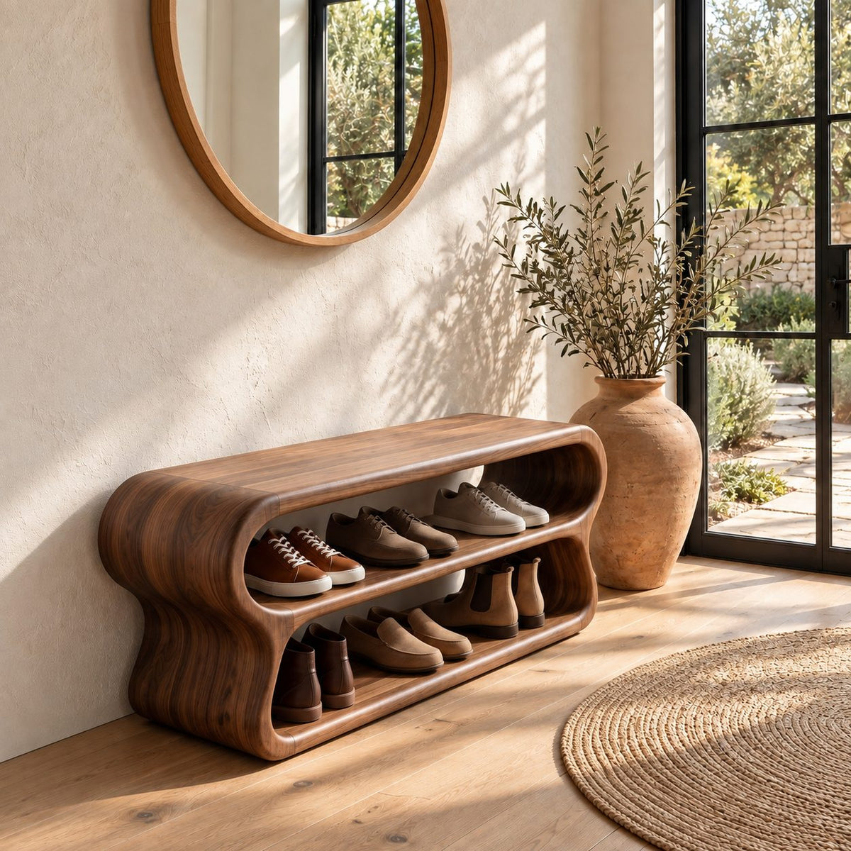 Double Loop Two Tier Shoe Bench, Curved Solid Wood Entryway Bench with Two Rounded Shoe Shelves
