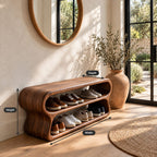 Double Loop Two Tier Shoe Bench, Curved Solid Wood Entryway Bench with Two Rounded Shoe Shelves