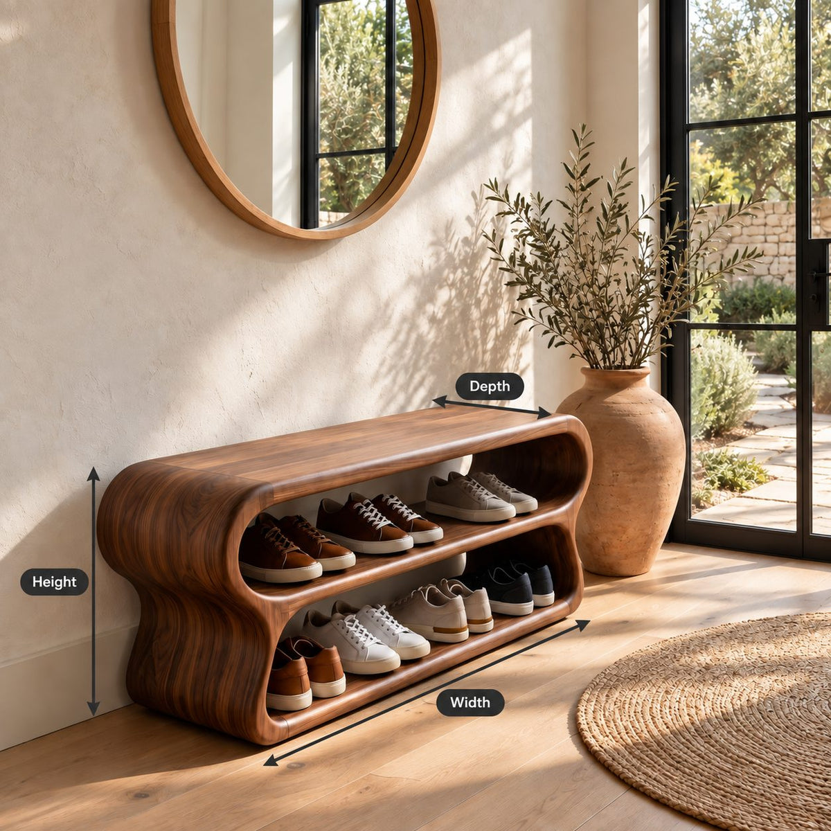 Double Loop Two Tier Shoe Bench, Curved Solid Wood Entryway Bench with Two Rounded Shoe Shelves