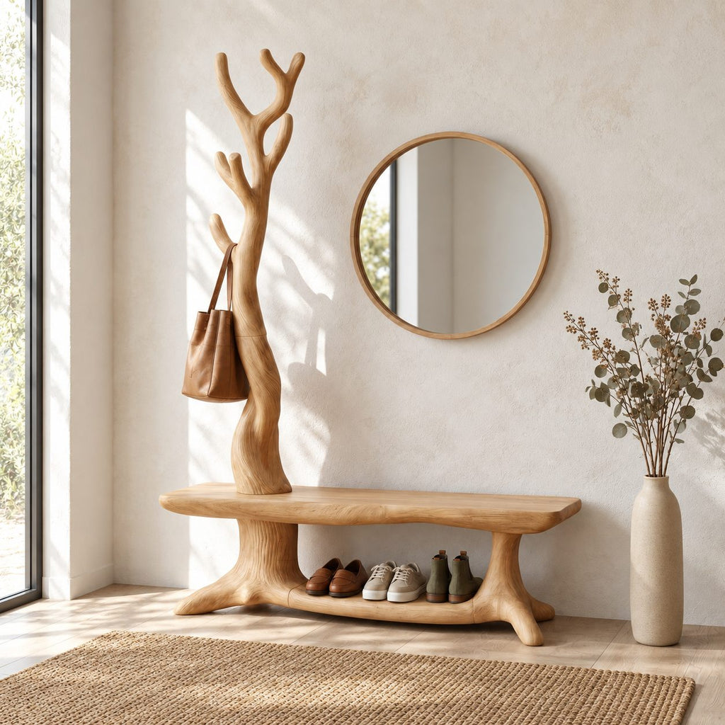 Twisted Trunk Hall Tree Bench, Rustic Solid Wood Entryway Coat Rack with Low Shoe Shelf