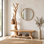 Twisted Trunk Hall Tree Bench, Rustic Solid Wood Entryway Coat Rack with Low Shoe Shelf