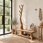 Twisted Trunk Hall Tree Bench, Rustic Solid Wood Entryway Coat Rack with Low Shoe Shelf