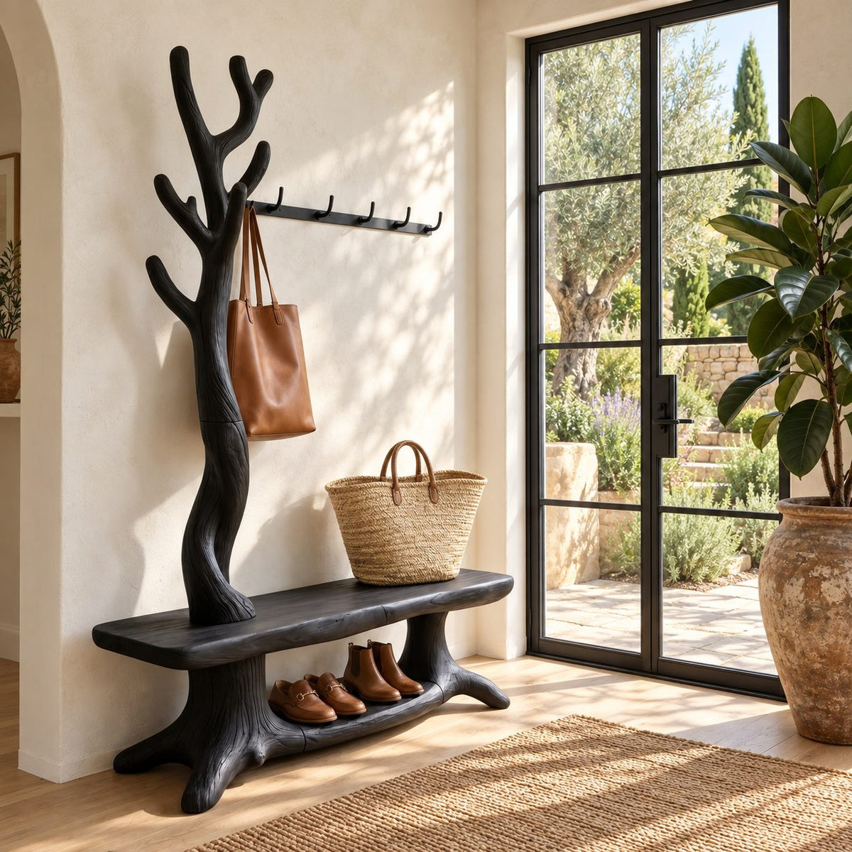 Twisted Trunk Hall Tree Bench, Rustic Solid Wood Entryway Coat Rack with Low Shoe Shelf