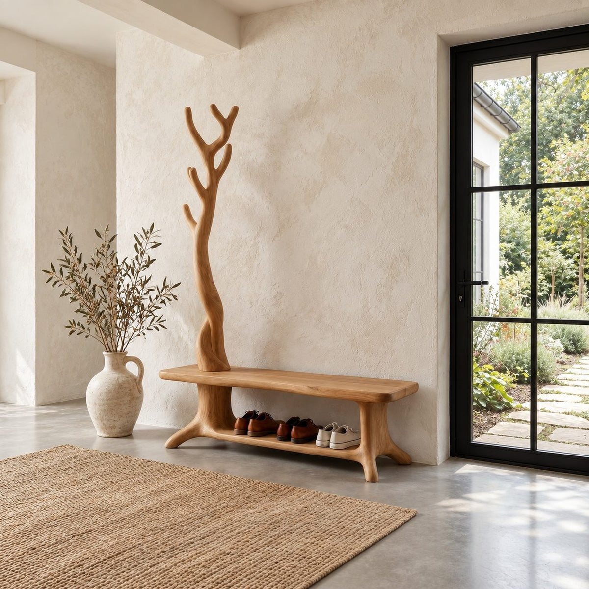 Twisted Trunk Hall Tree Bench, Rustic Solid Wood Entryway Coat Rack with Low Shoe Shelf