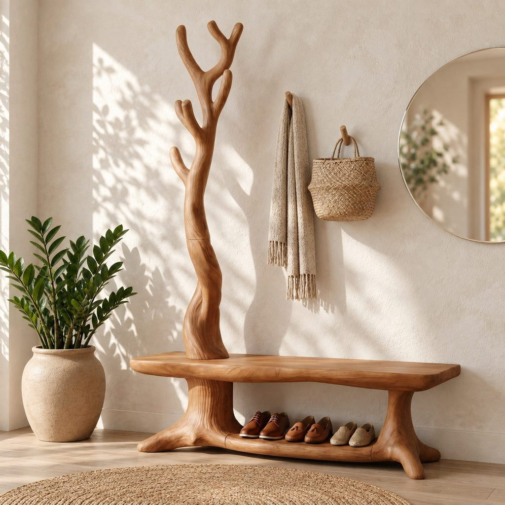 Twisted Trunk Hall Tree Bench, Rustic Solid Wood Entryway Coat Rack with Low Shoe Shelf