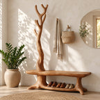 Twisted Trunk Hall Tree Bench, Rustic Solid Wood Entryway Coat Rack with Low Shoe Shelf
