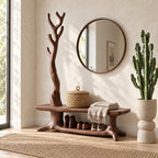 Twisted Trunk Hall Tree Bench, Rustic Solid Wood Entryway Coat Rack with Low Shoe Shelf