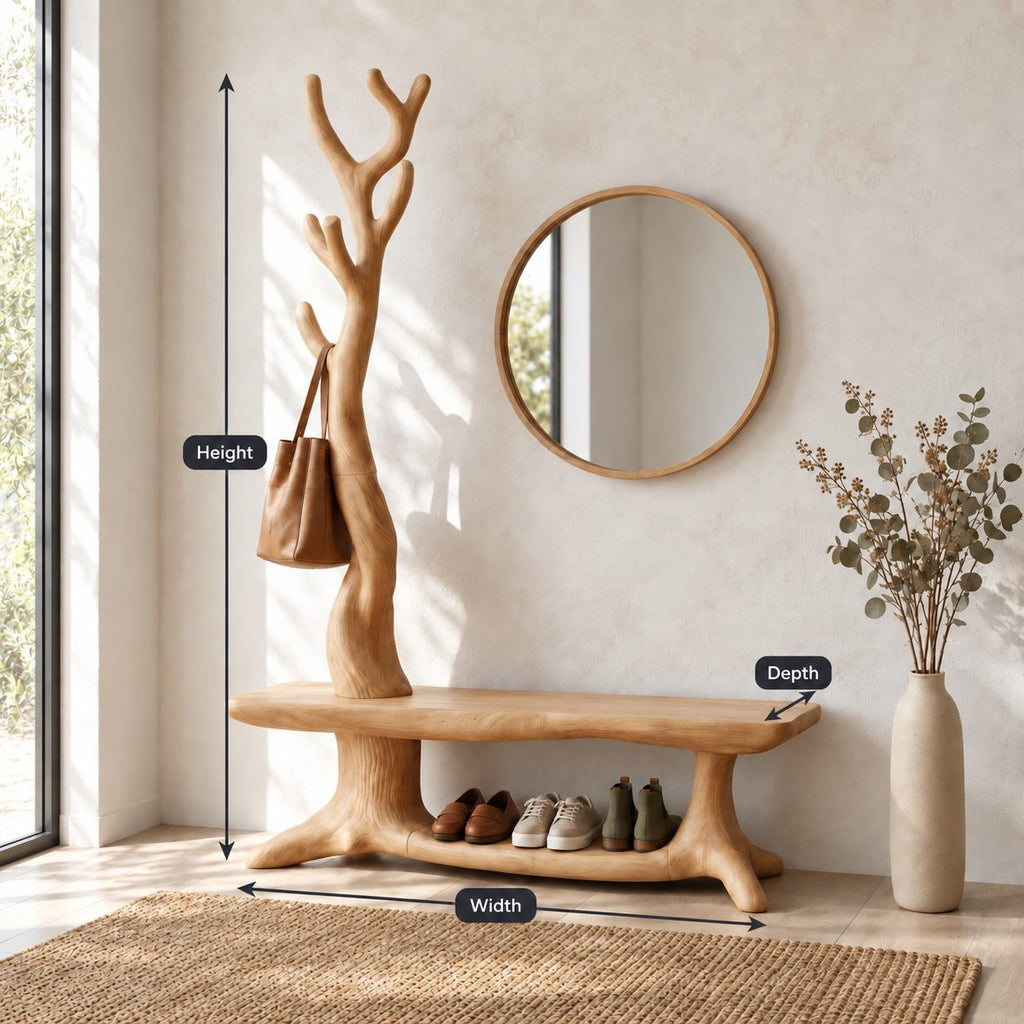 Twisted Trunk Hall Tree Bench, Rustic Solid Wood Entryway Coat Rack with Low Shoe Shelf