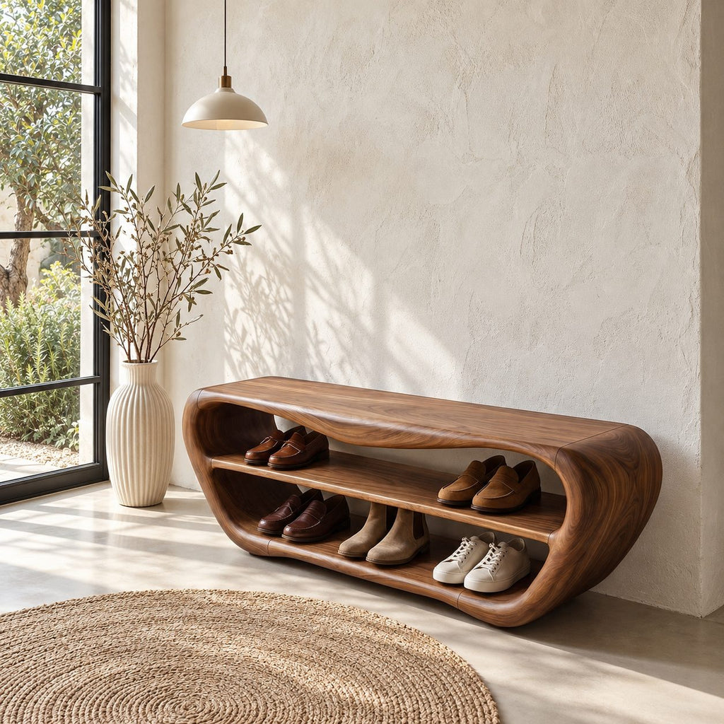 Oval Shell Shoe Bench, Sculpted Solid Wood Entryway Bench with Two Open Shoe Shelves and Dipped Top