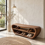 Oval Shell Shoe Bench, Sculpted Solid Wood Entryway Bench with Two Open Shoe Shelves and Dipped Top