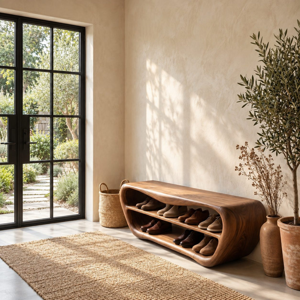 Oval Shell Shoe Bench, Sculpted Solid Wood Entryway Bench with Two Open Shoe Shelves and Dipped Top