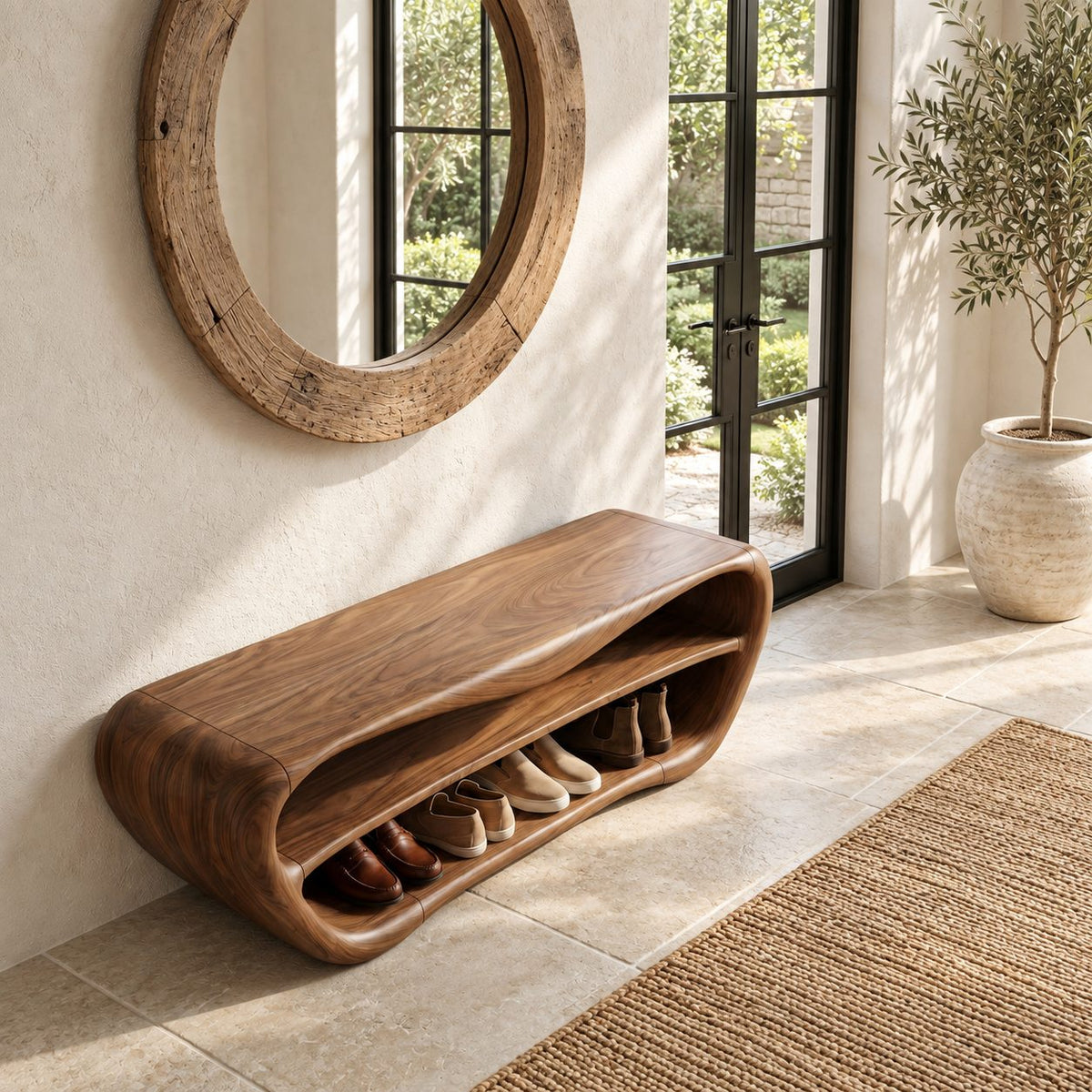 Oval Shell Shoe Bench, Sculpted Solid Wood Entryway Bench with Two Open Shoe Shelves and Dipped Top