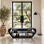 Oval Shell Shoe Bench, Sculpted Solid Wood Entryway Bench with Two Open Shoe Shelves and Dipped Top