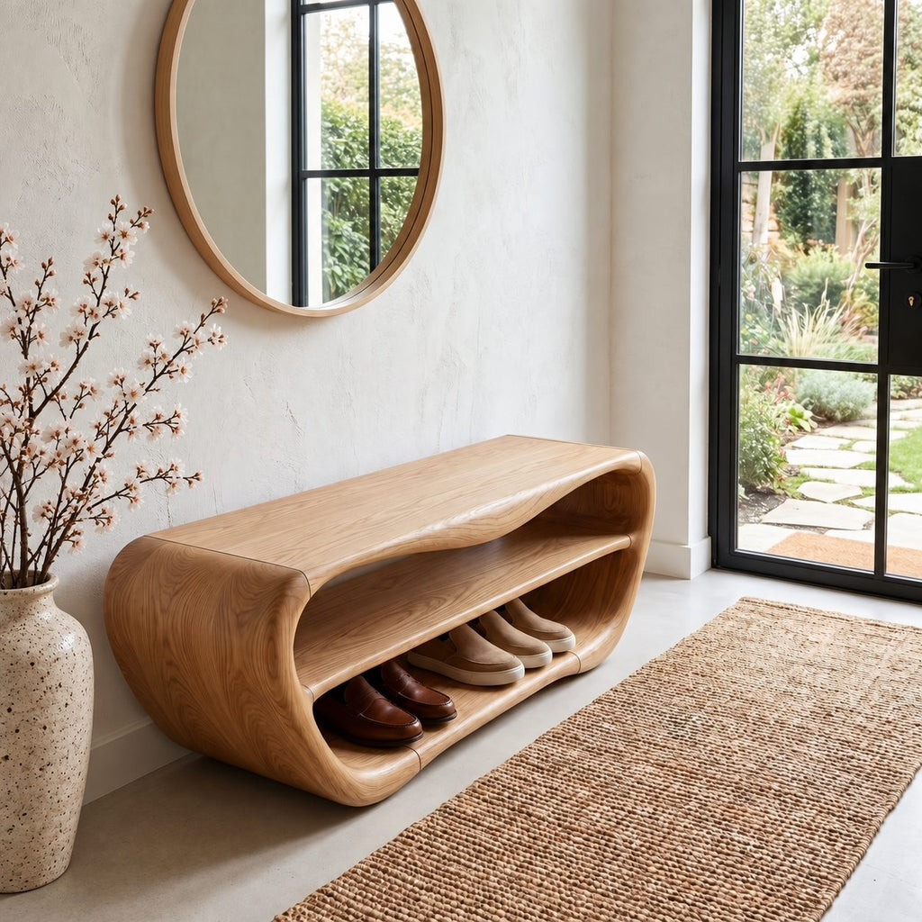 Oval Shell Shoe Bench, Sculpted Solid Wood Entryway Bench with Two Open Shoe Shelves and Dipped Top