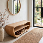 Oval Shell Shoe Bench, Sculpted Solid Wood Entryway Bench with Two Open Shoe Shelves and Dipped Top