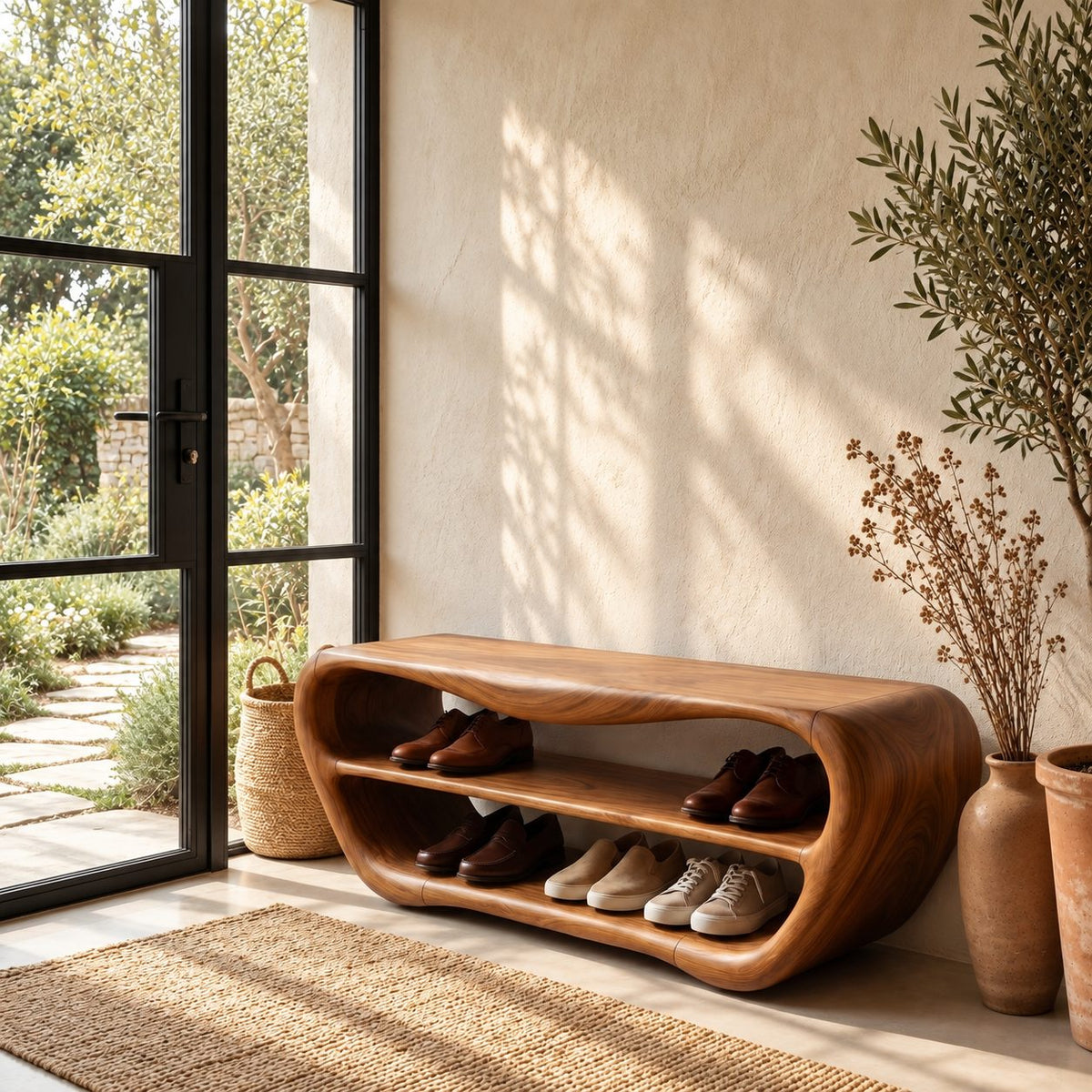 Oval Shell Shoe Bench, Sculpted Solid Wood Entryway Bench with Two Open Shoe Shelves and Dipped Top