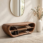 Oval Shell Shoe Bench, Sculpted Solid Wood Entryway Bench with Two Open Shoe Shelves and Dipped Top