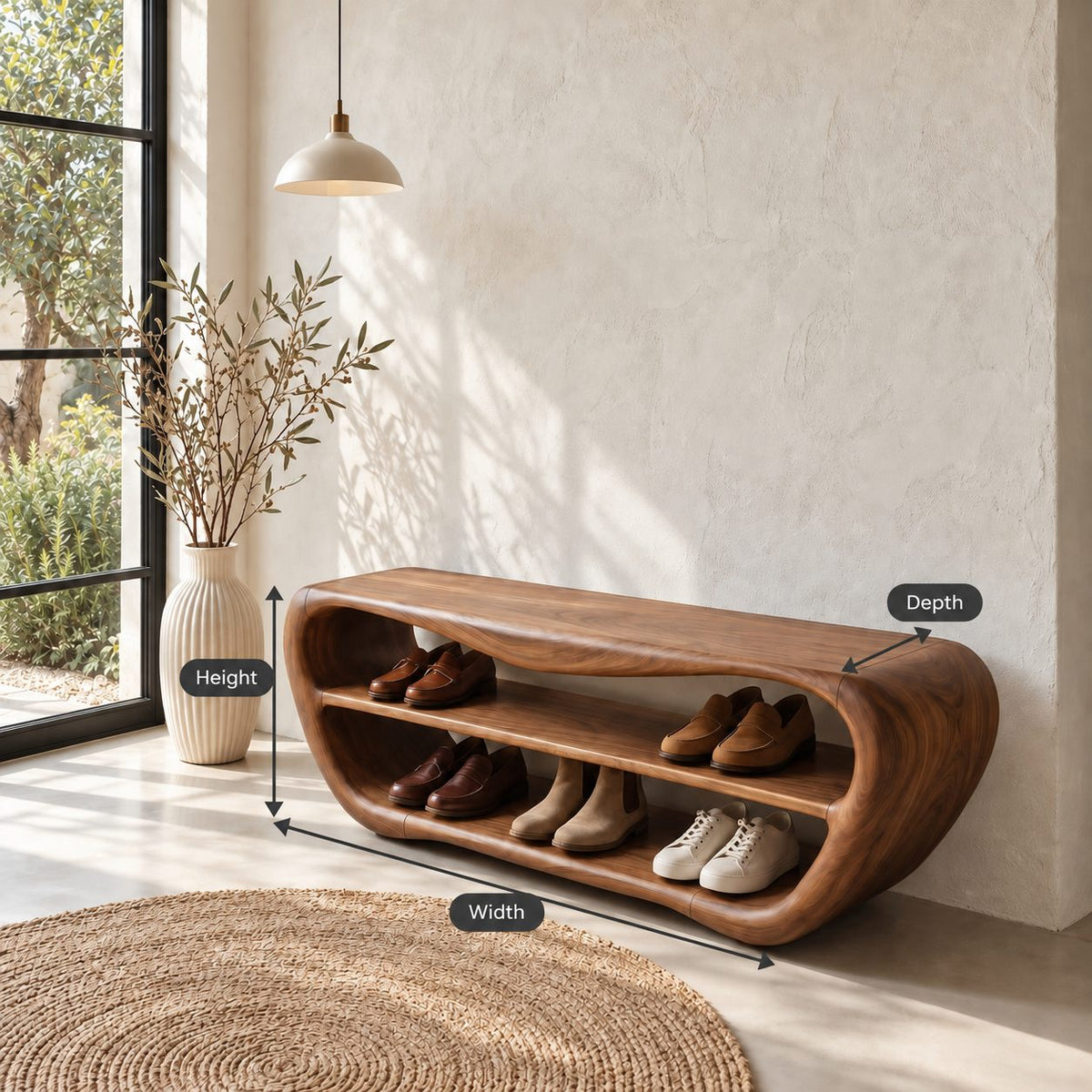 Oval Shell Shoe Bench, Sculpted Solid Wood Entryway Bench with Two Open Shoe Shelves and Dipped Top