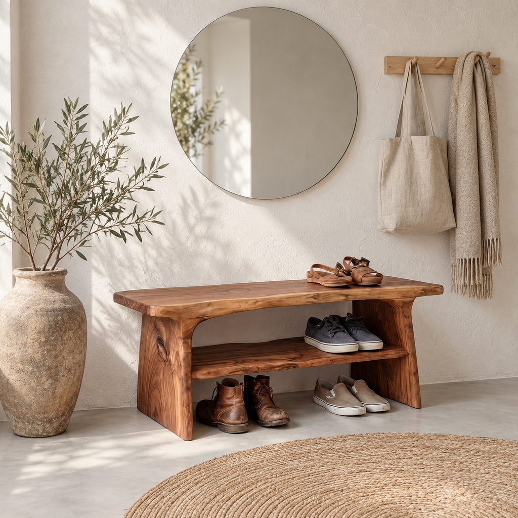 Two Shelf Live Edge Shoe Bench, Rustic Solid Wood Entryway Bench with Angled Slab Legs