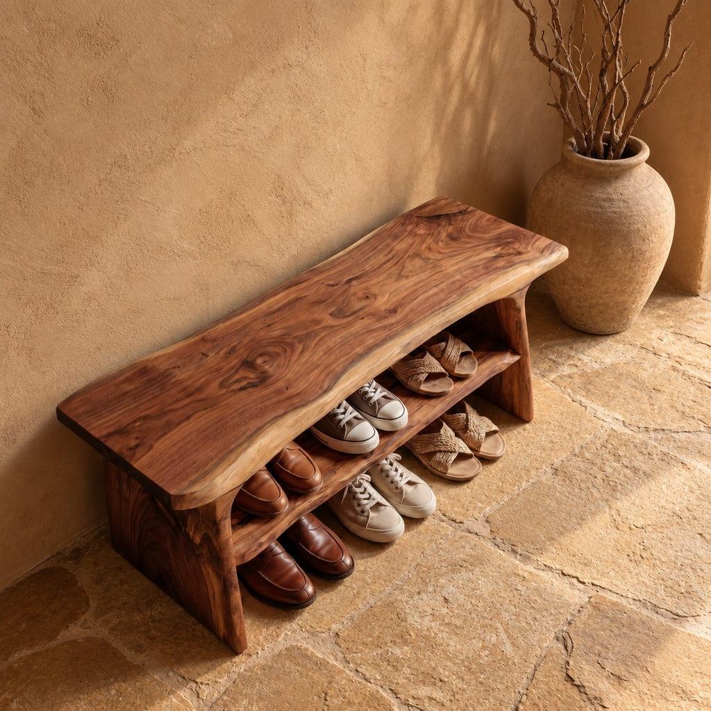 Two Shelf Live Edge Shoe Bench, Rustic Solid Wood Entryway Bench with Angled Slab Legs