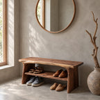 Two Shelf Live Edge Shoe Bench, Rustic Solid Wood Entryway Bench with Angled Slab Legs